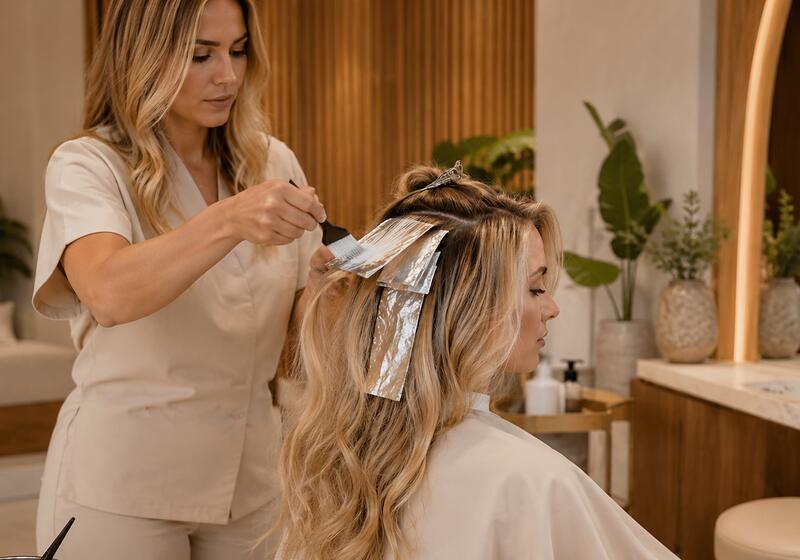 Hairstylist finishing a cut at the Aurora salon
