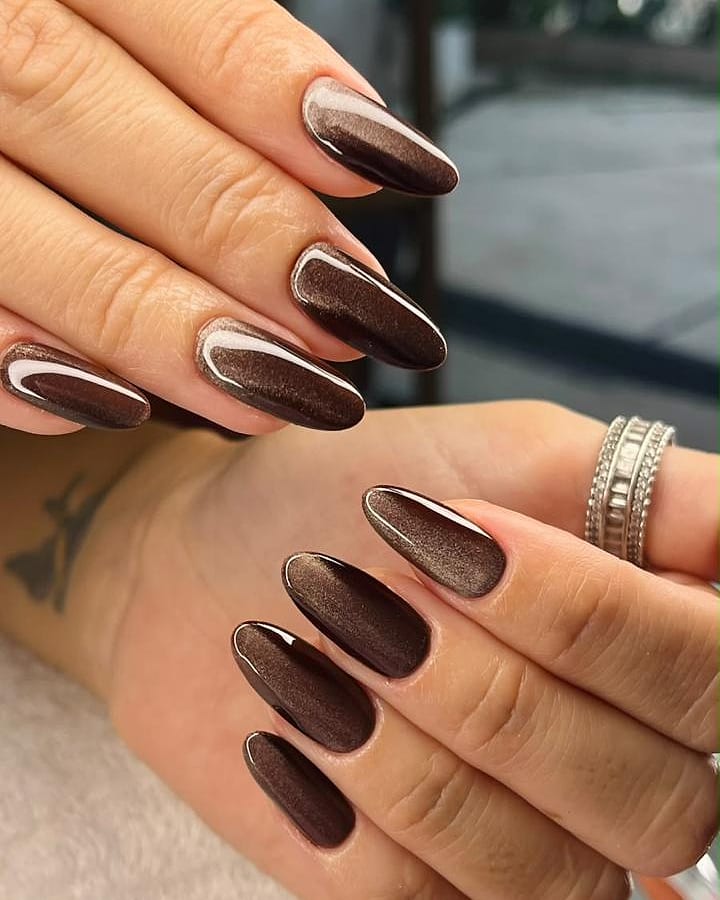 Chocolate brown cat-eye manicure on almond nails, both hands